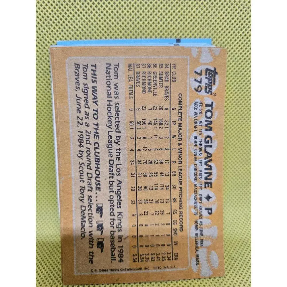 Tom Glavine (RC) Rookie Card - HOF - 1988 Topps #779 - Braves - RAW Mint - Picture 2 of 2